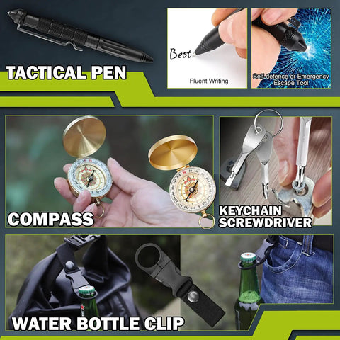 17 In 1 Survival Kit For Men And Outdoor Adventurers with tactical pen, compass, keychain screwdriver, water bottle clip in use