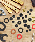 158 Piece Faucet Washer Kit And Garden Hose Gasket Set for Outdoor Faucets displayed with tools on wooden surface