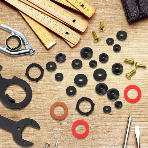 258 Piece Faucet And Plumbing Rubber Washer Kit In 32 Sizes For Garden Hose Valves Spigots Adapters Outdoor Faucets Bibbs And Shower Hoses Repair For DIYers Must Have, showing washers and tools on wooden surface.