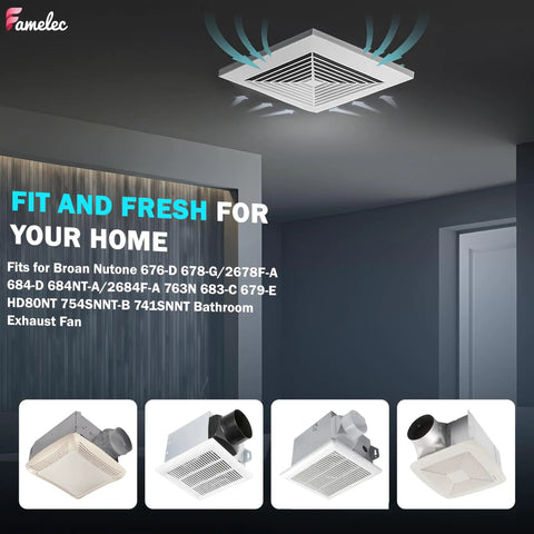 Ceiling-mounted bathroom exhaust fan in modern interior with airflow graphics, showcasing models including Beefed Up Replacement Bathroom Fan Motor For Nutone 763RL B Unit And 763RLN Series Fits 769RL 769RF B Units 50 CFM To 70 CFM Two Point Zero Sone Quiet Performance.