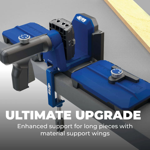 Docking Station For Pocket Hole Jigs And Woodworking Projects, Pro Grade Benchtop Workstation With Sturdy Wings, Compatible With 520 And 720 Jigs, showcasing enhanced support for long pieces with blue material support wings.