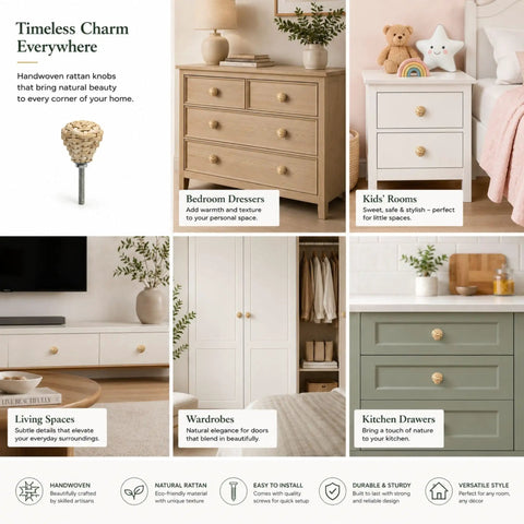 Handmade Rattan Drawer Knobs Set Of 12 Boho Cabinet Pulls With Solid Wood Base on dressers and wardrobes for home decor refresh.