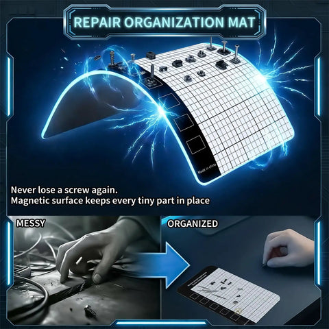Repair organization mat with magnetic surface, part of the 122 In 1 Precision Screwdriver Kit With 101 Magnetic Bits And 21 Tools