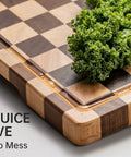 Real Deal Acacia Wood Checkered Cutting Board With Deep Juice Grooves And Solid Handles Large 17 Inch, showing deep juice grooves and kale.