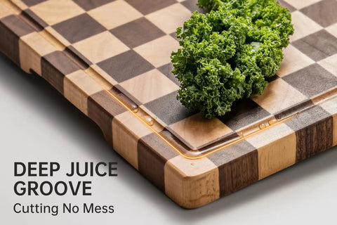Real Deal Acacia Wood Checkered Cutting Board With Deep Juice Grooves And Solid Handles Large 17 Inch, showing deep juice grooves and kale.