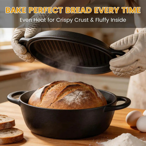 All In One Cast Iron Dutch Oven And Skillet Lid Pre Seasoned Heavy Duty Cookware with bread being baked inside