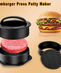 All In One Flat Top Griddle Accessories Kit with Enlarged Spatulas Burger Press shown pressing a beef patty