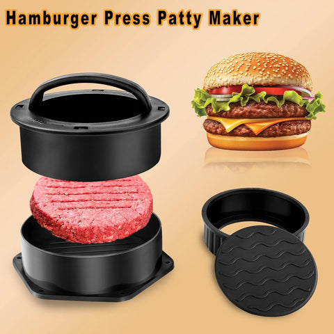 All In One Flat Top Griddle Accessories Kit with Enlarged Spatulas Burger Press shown pressing a beef patty