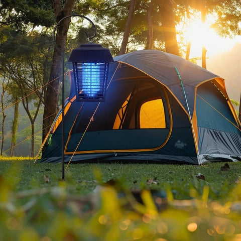 61 Inch Shepherds Hook Bug Zapper Outdoor Hanger Ground Stake beside a camping tent in a forest setting at sunset