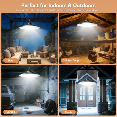 2000 Lumen Solar Shed Light With Pull Chain Switch Heavy Duty Waterproof Pendant Lamp For Garage Patio And Basement Dusk To Dawn Sensor in four settings.