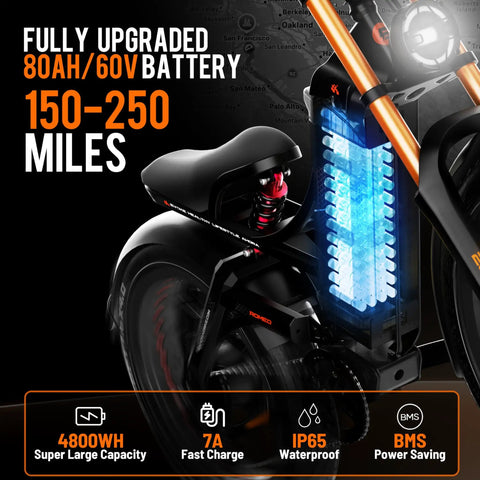 Built Different Dual Motor Ebike Dropping 5600W Peak Power And 50Mph Top Speed With An Insane 80Ah Battery close-up of upgraded battery showing specs.