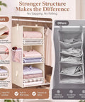 Snap Together Six Tier Hanging Closet Organizer, Collapsible Wardrobe Rack For Dorms, Beige Vertical Space Hack For Easy Heavy Duty Storage Solutions with reinforced structure.