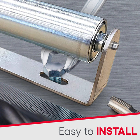 Galvanized steel conveyor roller with mounting bracket and bolt, installed