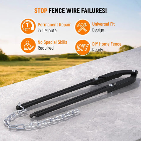 Beefy Heavy Duty Fence Fixer Wire Repair Tool With Lifetime Replacement Guarantee For Electric Fences Horse Fencing And Mesh Wire Projects Corrosion Proof Iron Construction In Durable Black Finish on display with chain on table.