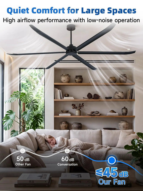 108 Inch Industrial Ceiling Fan No Light For Large Spaces Like Garages Gyms Barns And Restaurants Heavy Duty HVLS Powerhouse Delivers Serious Airflow And Cooling black fan in a living room