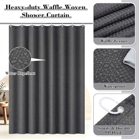 Totally Must-Have 4 Piece Bathroom Accessories Set With Waffle Shower Curtain And Chenille Bath Mat, 2 Absorbent Towels, 8 Sturdy Hooks, Modern Gray Decor For Home Dorm Apartment RV, Easy To Install showing gray waffle shower curtain with waffle texture, water repellent handle and durable PP hooks.