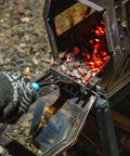 Heavy Duty Wood Stove Ash Shovel With 14.6 Inch Rust Resistant Blade blue handle scooping ashes from wood stove fire pit