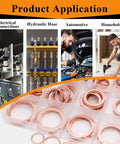 Copper Oil Drain Plug Crush Washer Set 360 Pcs 18 Sizes M6 To M24 displayed with various applications.