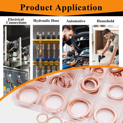 Copper Oil Drain Plug Crush Washer Set 360 Pcs 18 Sizes M6 To M24 displayed with various applications.