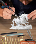 Person using Dope 21 In 1 3D Printer Soldering Kit with 80W LCD Digital Iron on a white horse model with tools displayed.