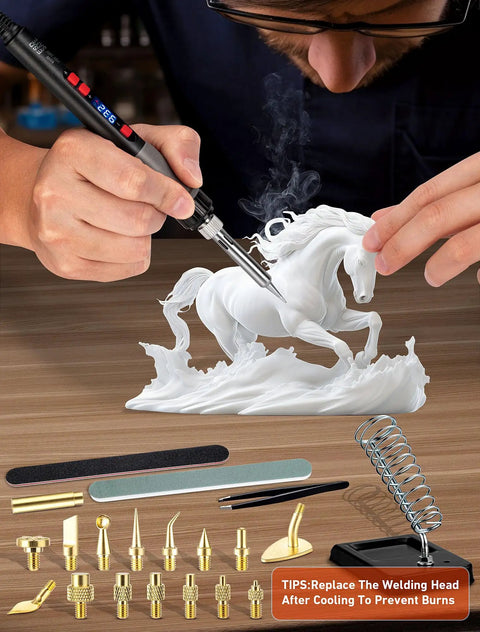 Person using Dope 21 In 1 3D Printer Soldering Kit with 80W LCD Digital Iron on a white horse model with tools displayed.
