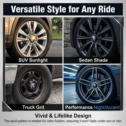Four Pcs Metal Fanged Skull Wheel Center Hub Caps Scratch Resistant Self Adhesive Protective Rim Covers on SUV and Sedan wheels.