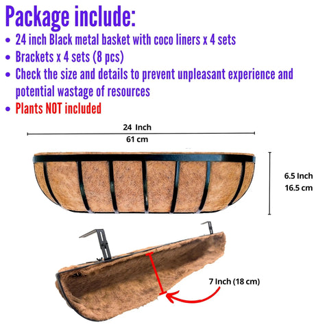 Four Pack Twenty Four Inch Black Metal Railing Planter Boxes With Natural Coco Fiber Liner And Heavy Duty Adjustable Clamps For Quick No Sweat Deck Fence Balcony Patio Garden, showing dimensions and brackets.