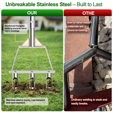 Comparison of Manual Core Aerator Lawn Tool With Stainless Steel Tines 3 Hollow Tines, showing reinforced and rust-resistant features.