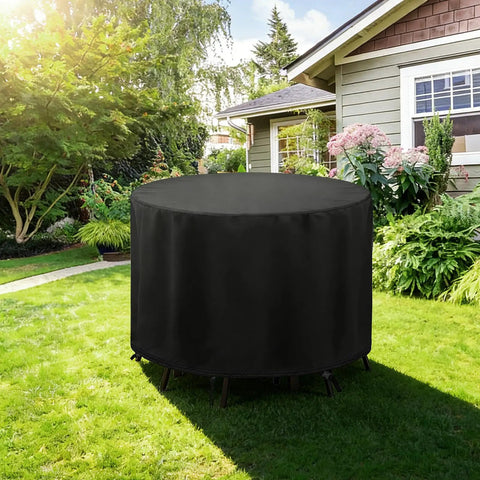 Outdoor Round Bar Height Table And Chair Cover 90 Inch Diameter By 43 Inch High Waterproof in garden setting, side view