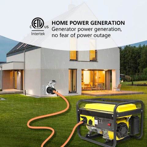 Locking NEMA L14 30C 30 Amp Generator Plug Box powering home with generator outdoors in rain, ETL listed