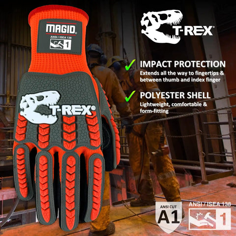 T Rex Flex Series Sandy Nitrile Coated Knit Impact Gloves One Pair Size 9 Large With M Force Defense System Deflects Impacts To Fingertips And Between Thumb And Index For Superior Grip On Light Oils