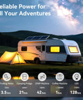 LiFePO4 12V 100Ah Battery With 100A BMS For RVs, Boats, Solar, Off Grid Power, powering a parked RV and lit tent at night