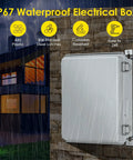 IP67 Waterproof Outdoor Electrical Junction Box With 8.7 By 6.7 By 4.3 Inch Dimensions, Beefy ABS Enclosure, Stainless Steel Latches, Wall Mount Brackets, Weatherproof, Shock Resistant For Exterior Electrical Projects on stone wall