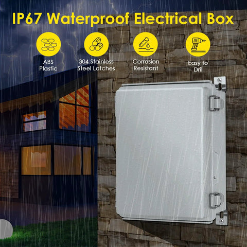 IP67 Waterproof Outdoor Electrical Junction Box With 8.7 By 6.7 By 4.3 Inch Dimensions, Beefy ABS Enclosure, Stainless Steel Latches, Wall Mount Brackets, Weatherproof, Shock Resistant For Exterior Electrical Projects on stone wall