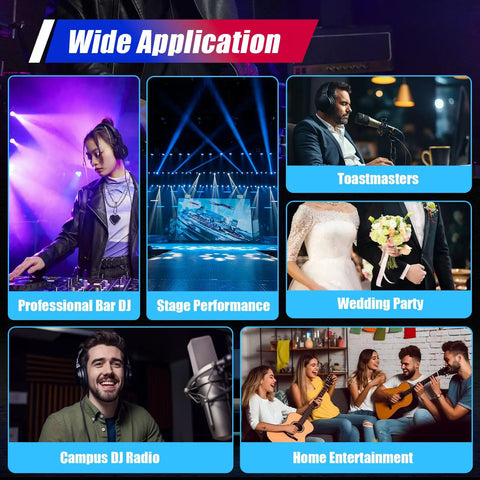 Collage showcasing wide applications of 8 Channel Bluetooth Live Audio Mixer For Pros And Beginners, including DJ and performances.