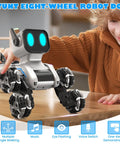 SIMREX robot dog RC toy, front view; LED blue eyes, eight-wheel mecanum drive.