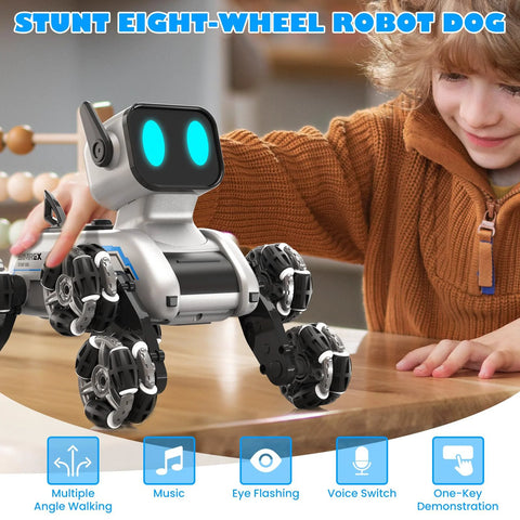 SIMREX robot dog RC toy, front view; LED blue eyes, eight-wheel mecanum drive.
