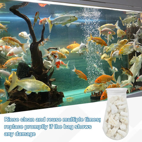 Uxcell Nylon Mesh Liquid Filter Sock Bag In White, 80 Micron Precision For Aquarium & Industrial Coolant Filtration, Durable Heavy Duty Design Measuring Four Point Zero Nine By Five Point Nine One Inches For Reliable Water Cleaning displayed in an aquarium with colorful fish.