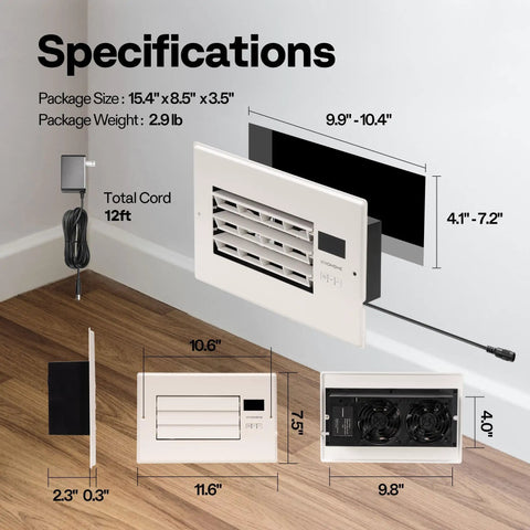 All In One Register Booster Vent Fan With Smart Thermostat And Remote, 6x10 In Opening, Adjustable Louver, 10 Speed Airflow Control