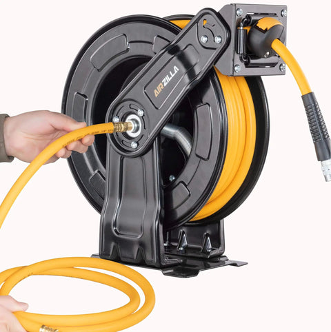 Premium Steel Retractable Air Hose Reel With Dual Arm Three Eighths Inch By Sixty Five Feet Hybrid Polymer Hose on black frame