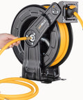 Boss Grade Premium Steel Retractable Air Hose Reel With Dual Arm Three Eighths Inch By Fifty Foot Hybrid Polymer Hose Heavy Duty