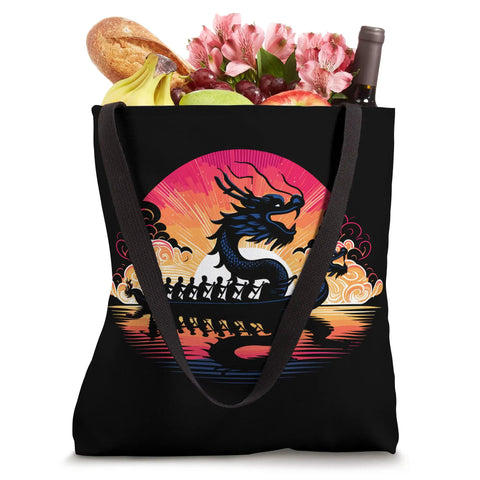 Dragon Boat Racing Tote Bag For Festivals And Races with vibrant artwork, filled with groceries, black polyester, 16x16 inch