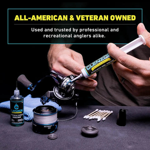 Marine Reel Care Kit With Oil And Grease For Freshwater And Saltwater Reels shown in use with syringe and cotton swabs
