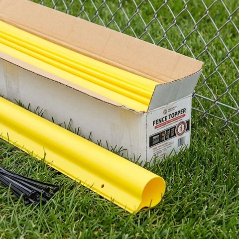 Premium Fence Topper 50 Ft Yellow Chain Link Fence Cover with box and zip ties on grass by fence