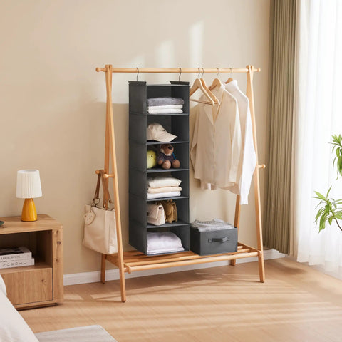 Heavy Duty Six Tier Hanging Closet Organizer With Two Rock Solid Hooks And Wide Grey Fabric Shelves Making It A Reliable Room Saver For Tight Bedroom And Dorm Storage