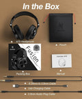 Box contents of Dual Mode Bluetooth Over Ear Headphones with 72 Hour Battery Life, including cables and carrying pouch.