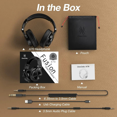 Box contents of Dual Mode Bluetooth Over Ear Headphones with 72 Hour Battery Life, including cables and carrying pouch.