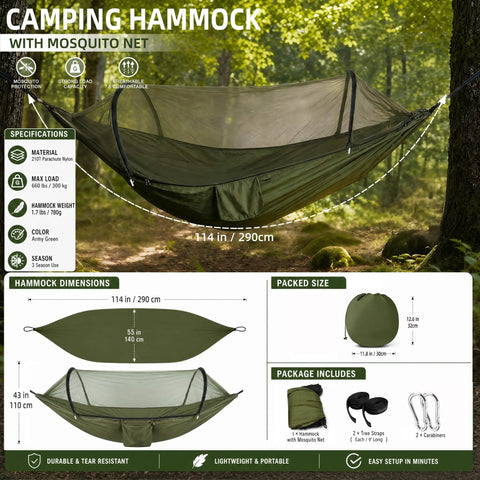 Go To Ultra Lightweight Travel Hammock With Pop Up Bug Net For Backpacking And Camping set up between trees.