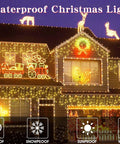 House decorated with Outdoor Icicle Christmas Lights With 1008 LEDs, 98.4 Ft Warm White Drops on eaves and facade.