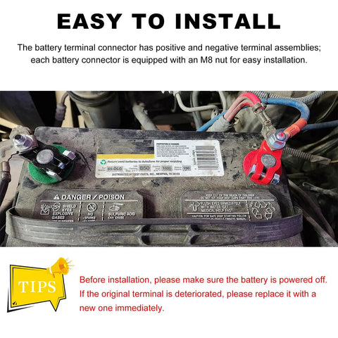 Battery Terminal Connectors Set With Anti Corrosion Washers Positive And Negative Battery Post Clamps For Car Truck And Boat Zinc Alloy Construction Durable Easy To Install Car Accessories installed on car battery with labeled tips and safety warnings visible